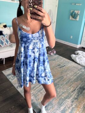 Planet Gold Blue and White Tie-Dye Spaghetti Strap Dress